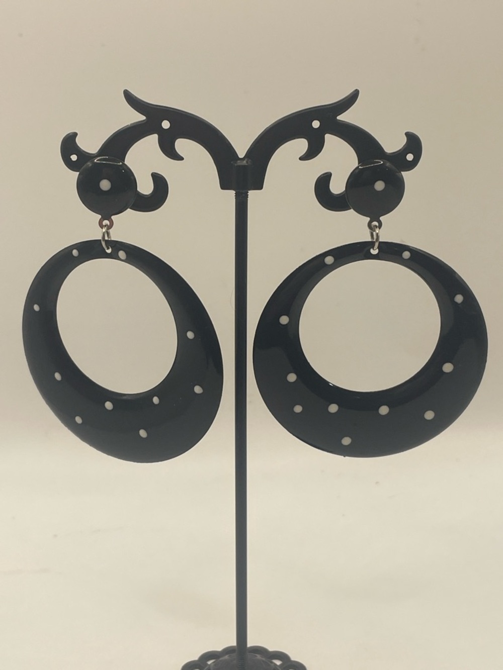 My Style Black Polka Dot Hoop Earrings post style metal 2.25” - Picture 4 of 6